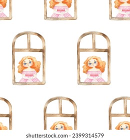 seamless pattern with window and princess. Fairy tale. Cute princess in beautiful dress. Wrapping paper, background, wallart