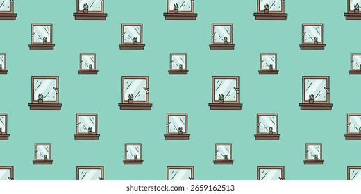 Seamless pattern with window with a small potted plant on a windowsill doodle vector