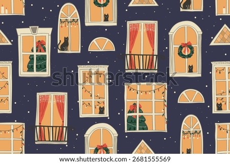 Seamless pattern with windows in christmas night, cute winter background with xmas tree and cat. Vector hand drawn illustration