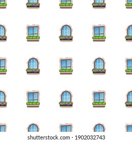 Patrón sin foco con ventanas y flores. Bien por antecedentes, libros y papel de envoltura. Ilustración vectorial.