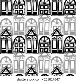 Seamless pattern with windows and house. Hand drawn. Black and white.