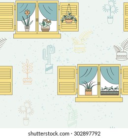 Seamless pattern with windows and house plants. Vector illustration.