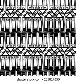 Seamless pattern with windows and houses. Hand drawn. Black and white.