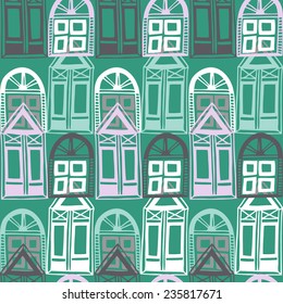 Seamless pattern with windows and houses. Hand drawn. Green background.