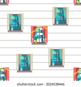 Seamless pattern with windows on a white background. Beautiful decorative pattern with the wall of the house. Vector illustration for design, textile, packaging.