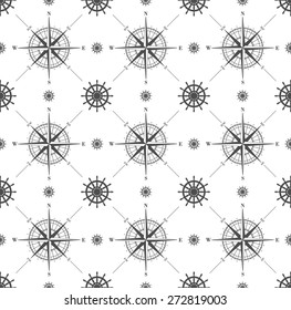 Seamless pattern with windroses and steering wheels  isolated on white. Vector illustration.