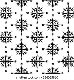 Seamless pattern with windroses and steering wheels isolated on white. Vector illustration.
