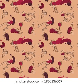 Seamless pattern for wine bar and wine lovers, simply hand drawn style, vector illustration