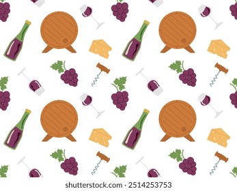 Seamless pattern with wine barrels, bottles, grapes and cheese. Vector illustration of corkscrew, winery, perfect for background, menu, textile, wrapping paper