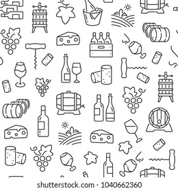 Seamless pattern with wine. Black and white thin line icons