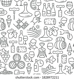Seamless pattern with wine. Black and white thin line icons