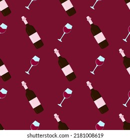 Seamless pattern with wine bottle and wine glass on red background. Backdrop for wallpaper, print, textile, fabric, wrapping. Vector illustration