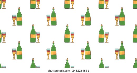 Seamless pattern with wine bottle and a glass for celebration doodle vector