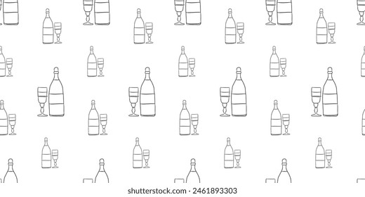 Seamless pattern with wine bottle and a glass for celebration hand drawn doodle outline vector