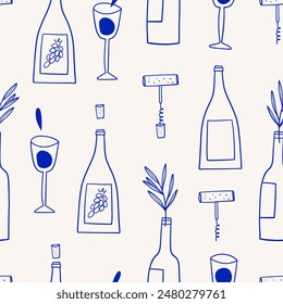 Patrón sin costuras con botella de vino, vidrio, sacacorchos y corchos. Ilustración vectorial