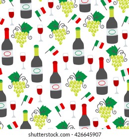 Seamless pattern with wine bottle, glass, grapes and Italian flag. Perfect for wallpaper, pattern fills, web page background, textile, food background, restaurant menu, Italy holidays