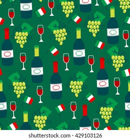 Seamless pattern with wine bottle, glass, grapes and Italian flag. Perfect for wallpaper, pattern fills, web page background, textile, food background, restaurant menu, Italy holidays