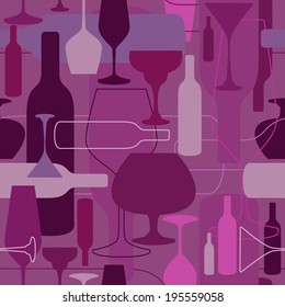 Seamless pattern with wine bottle and glasses