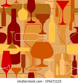 Seamless pattern with wine bottle and glasses
