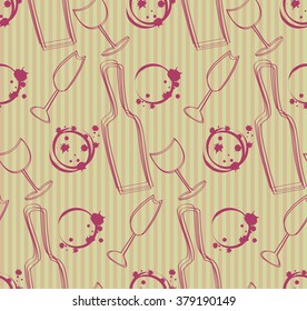 Seamless pattern of the wine bottle and wine glasses with wine stain circles