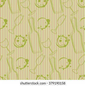 Seamless pattern of the wine bottle and wine glasses with wine stain circles