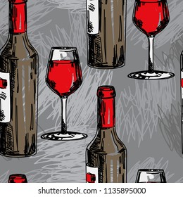 seamless pattern with wine bottles and wine glasses, can be used for wine tasting, vector illustration in sketch style