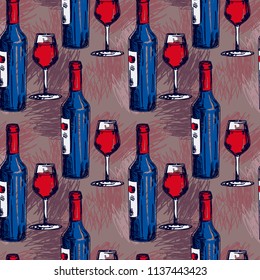 seamless pattern with wine bottles and wine glasses, can be used for wine tasting, vector illustration in sketch style
