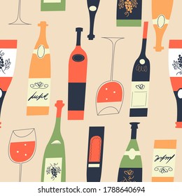 Seamless pattern of wine bottles and glasses. Vector illustration.