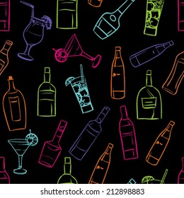 Seamless pattern with wine bottles and glasses ,set of colorful bottle on black background. 