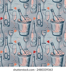 Seamless pattern with wine bottles and glasses, sketch style vector illustration