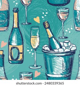 Seamless pattern with wine bottles and glasses, sketch style vector illustration