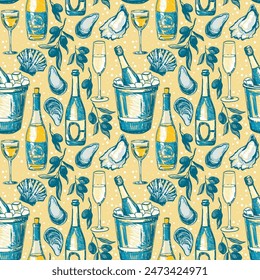 Seamless pattern with wine bottles olives and seafood, sketch style vector illustration