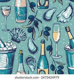 Seamless pattern with wine bottles olives and seafood, sketch style vector illustration