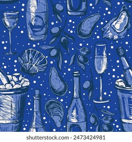 Seamless pattern with wine bottles olives and seafood, sketch style vector illustration