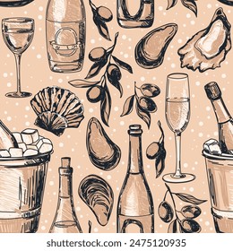 Seamless pattern with wine bottles olives and seafood, sketch style vector illustration