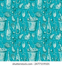 Seamless pattern with wine bottles olives and seafood, sketch style vector illustration