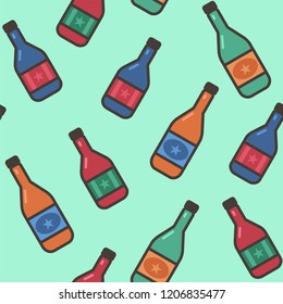 Seamless pattern with wine bottles on green background. Vector EPS10
