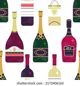 seamless pattern of wine bottles on a white background. champagne, red and white wine isolated on a white background in cartoon style. stock vector illustration. EPS 10.