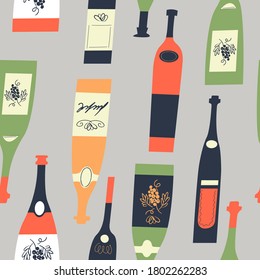 Seamless pattern of wine bottles. Vector illustration.