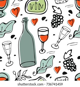 Seamless pattern with wine and cheese