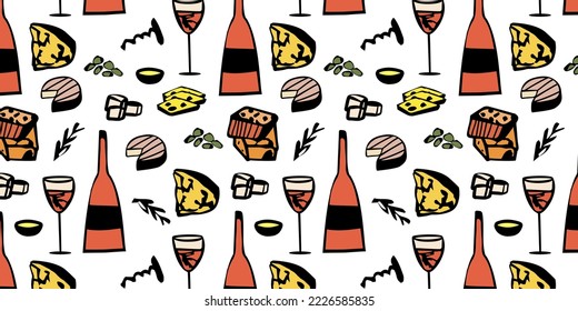 Patrón sin foco con vino, queso, aceitunas, uvas, vidrio. Ilustración de vectores para papel de envoltura