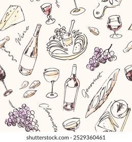 Patrón sin fisuras, ilustraciones bosquejadas de vino y queso, fondo de concepto gourmet