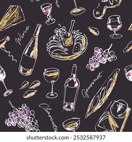 Seamless pattern, wine and cheese sketched illustrations, gourmet concept background