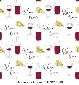 Seamless pattern with wine and cheese sketchy illustrations. Background for wrapping papers, textile, cards, decoration, menus, banners and other designs related to wine. Vector illustration.