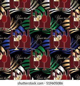 Seamless pattern with wine collection, wine glasses and place for your  text or name. Drink background. Vector wine pattern design for restaurant menu or drink  list. Wine background.