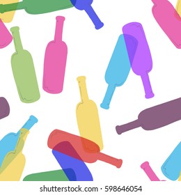Seamless pattern with wine colorful transparent bottle on white background, vector illustration