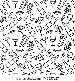 Seamless Pattern With Wine And Food Icons. Background For Cards, Decoration, Menus, Web, Banners And Designs Related To Wine. Vector Illustration.