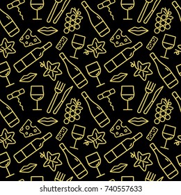 Seamless pattern with wine and food icons. Background for cards, decoration, menus, web, banners and designs related to wine. Vector illustration.