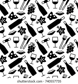 Seamless pattern with wine and food icons. Background for cards, decoration, menus, web, banners and designs related to wine. Vector illustration.