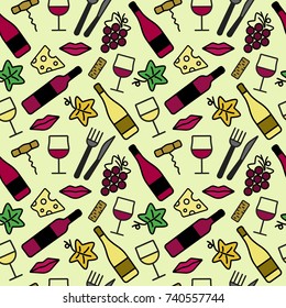 Padrão perfeito com ícones de vinho e comida. Plano de fundo para cartões, decoração, menus, web, banners e projetos relacionados com o vinho. Ilustração vetorial.